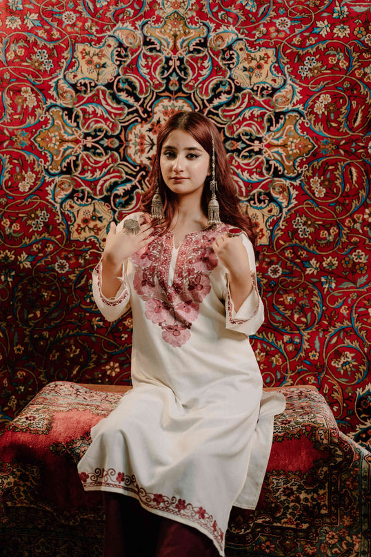 Kashmiri White Aari Work Cotton Kurti - White | Long - Kashmir Jama