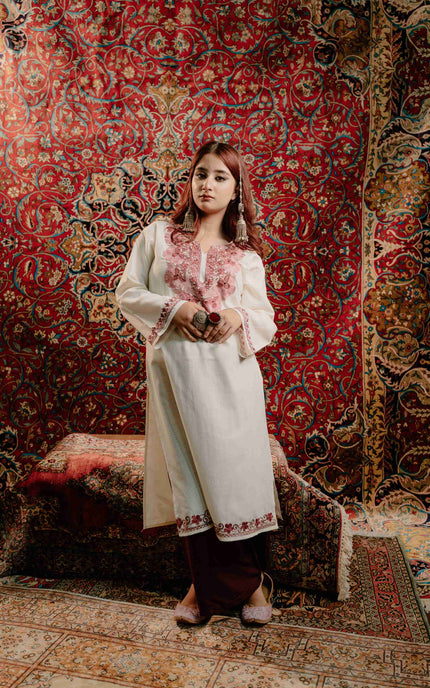 Kashmiri White Aari Work Cotton Kurti - White | Long - Kashmir Jama