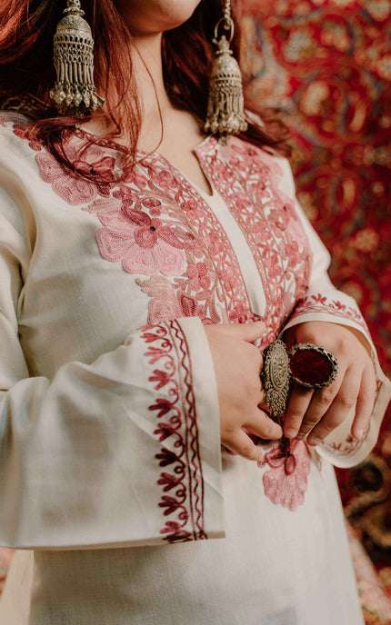 Kashmiri White Aari Work Cotton Kurti - White | Long - Kashmir Jama