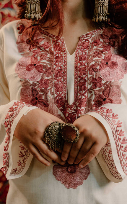 Kashmiri White Aari Work Cotton Kurti - White | Long - Kashmir Jama