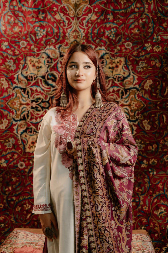 Kashmiri Kani Shawl - Maroon | Soft Wool - ARTISANS KASHMIR