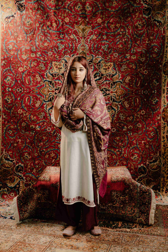 Kashmiri Kani Shawl - Maroon | Soft Wool - ARTISANS KASHMIR