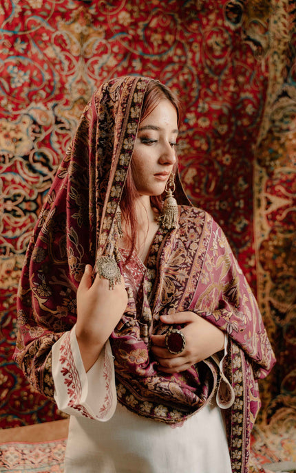 Kashmiri Kani Shawl - Maroon | Soft Wool - Kashmir Jama