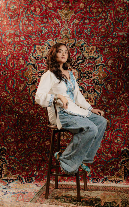 Kashmiri Aari Work Cotton Kurti - White | Short - ARTISANS KASHMIR