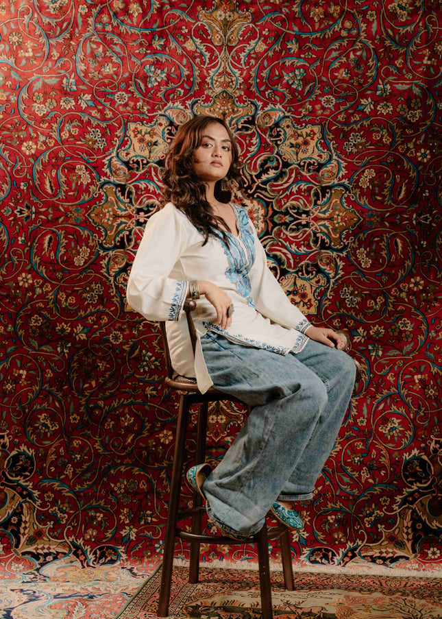 Kashmiri Aari Work Cotton Kurti - White | Short - ARTISANS KASHMIR