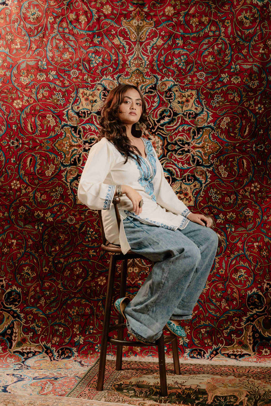 Kashmiri Aari Work Cotton Kurti - White | Short - ARTISANS KASHMIR