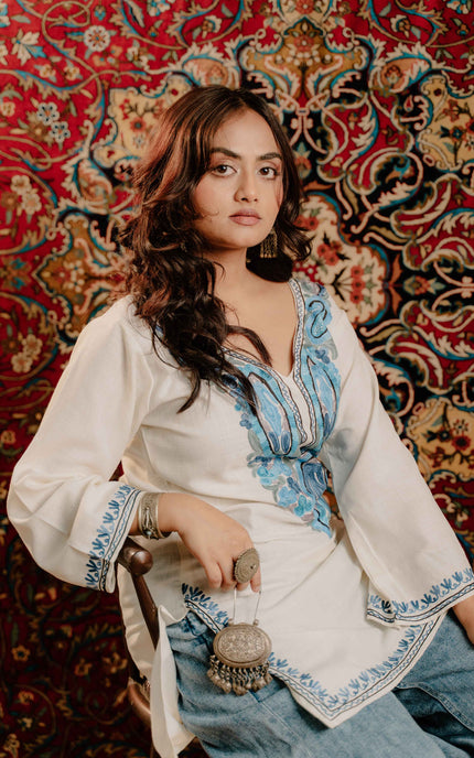 Kashmiri Aari Work Cotton Kurti - White | Short - ARTISANS KASHMIR