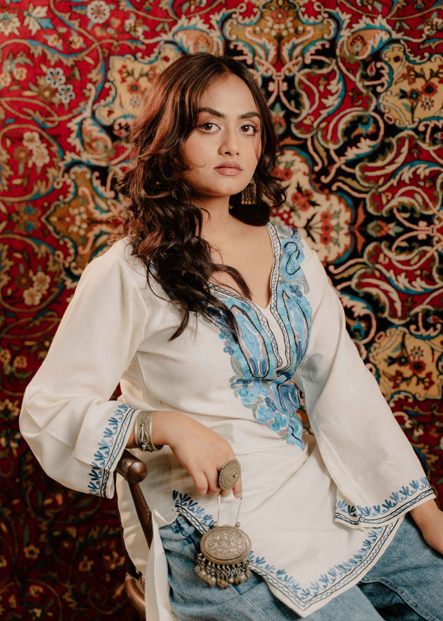 Kashmiri Aari Work Cotton Kurti - White | Short - ARTISANS KASHMIR
