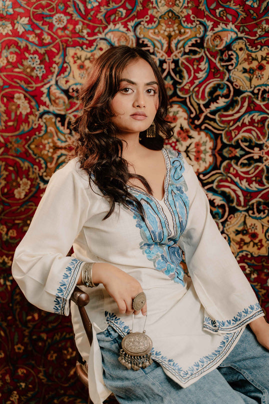 Kashmiri Aari Work Cotton Kurti - White | Short - ARTISANS KASHMIR