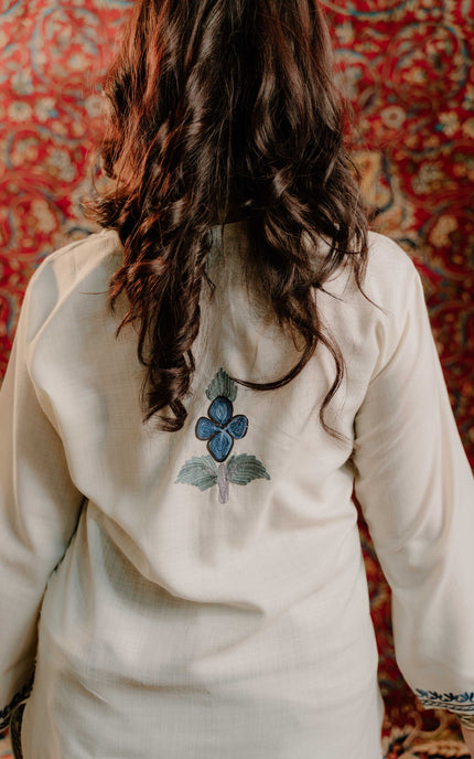 Kashmiri Aari Work Cotton Kurti - White | Short - ARTISANS KASHMIR