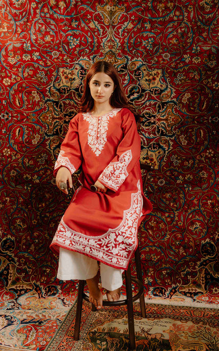 Kashmiri Aari Work Cotton Kurti - Red | Long - ARTISANS KASHMIR