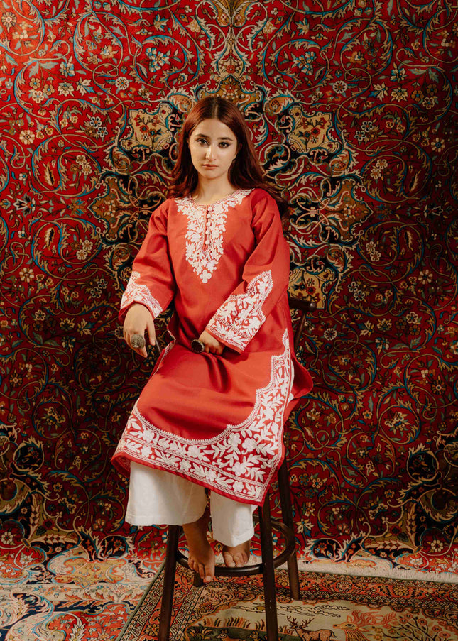 Kashmiri Aari Work Cotton Kurti - Red | Long - ARTISANS KASHMIR