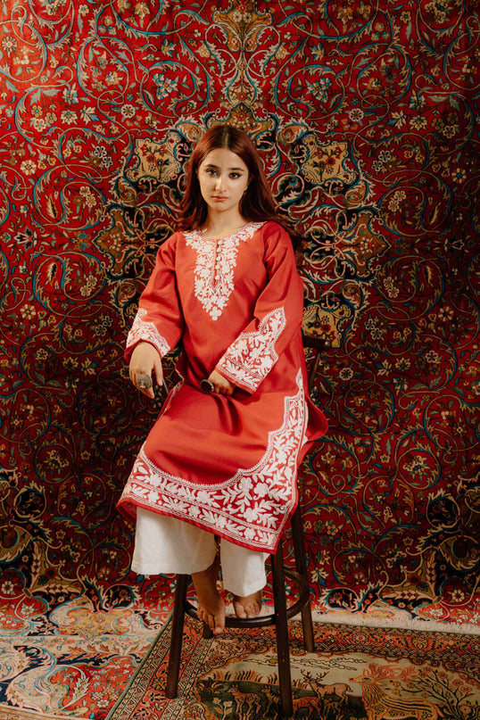 Kashmiri Aari Work Cotton Kurti - Red | Long - ARTISANS KASHMIR