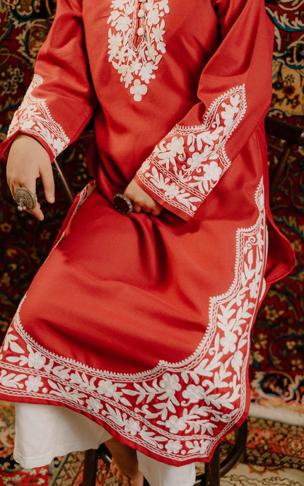 Kashmiri Aari Work Cotton Kurti - Red | Long - ARTISANS KASHMIR