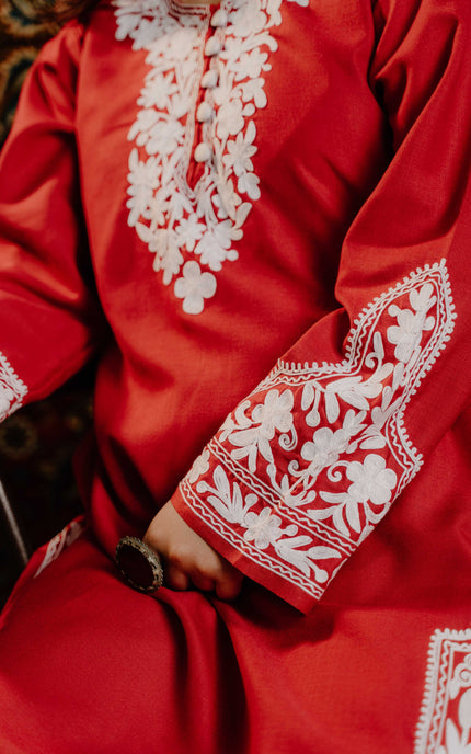 Kashmiri Aari Work Cotton Kurti - Red | Long - ARTISANS KASHMIR