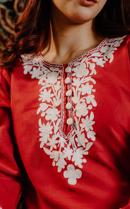 Kashmiri Aari Work Cotton Kurti - Red | Long - ARTISANS KASHMIR