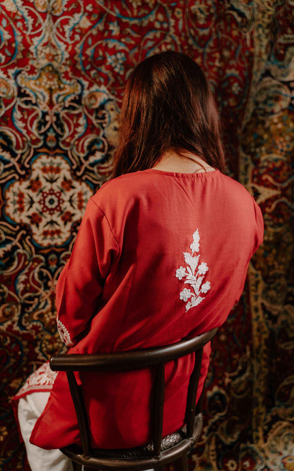 Kashmiri Aari Work Cotton Kurti - Red | Long - ARTISANS KASHMIR
