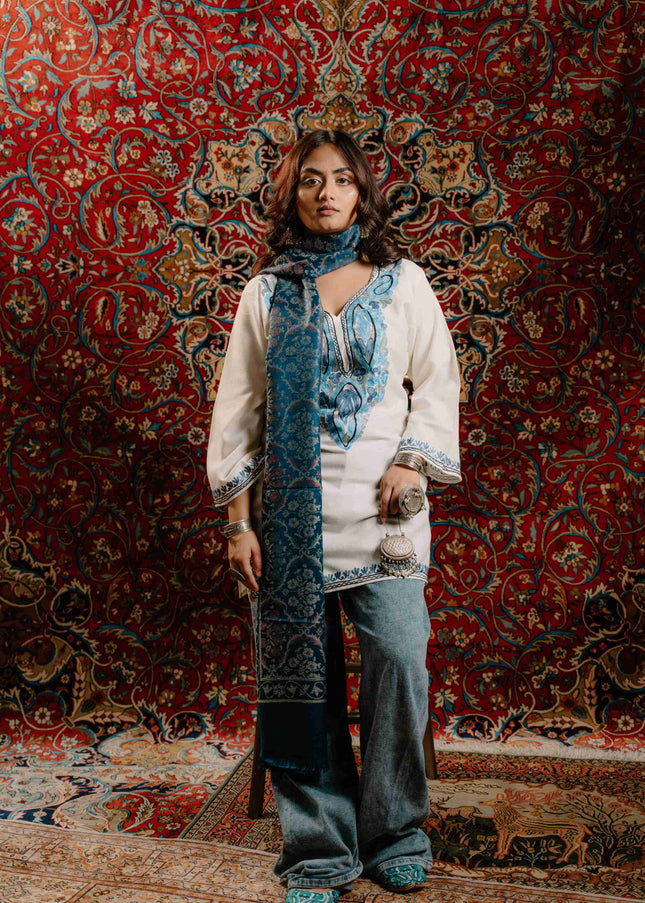 Kashmiri Kani Stole - Blue | Jama - ARTISANS KASHMIR