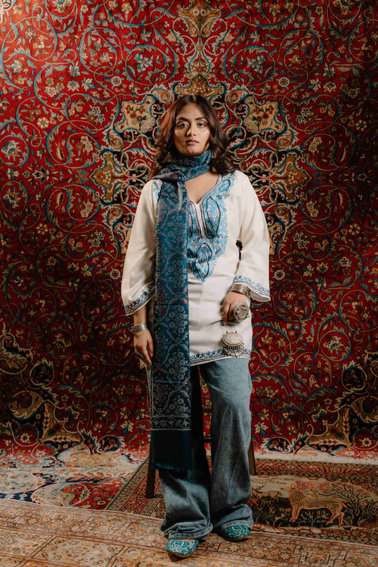 Kashmiri Kani Stole - Blue | Jama - ARTISANS KASHMIR