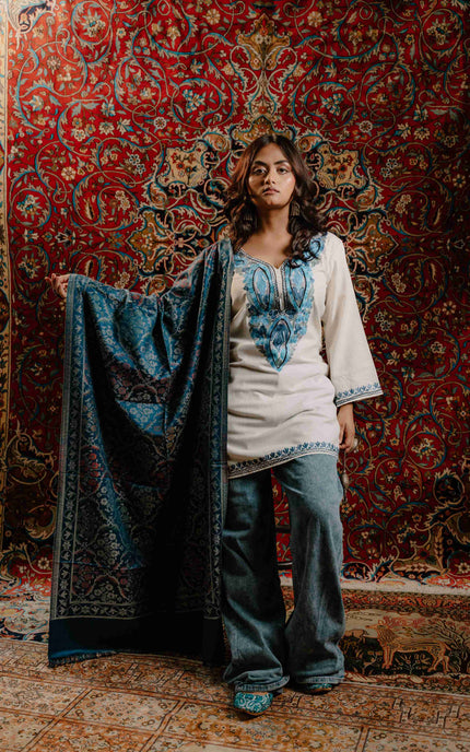 Kashmiri Kani Stole - Blue | Jama - ARTISANS KASHMIR