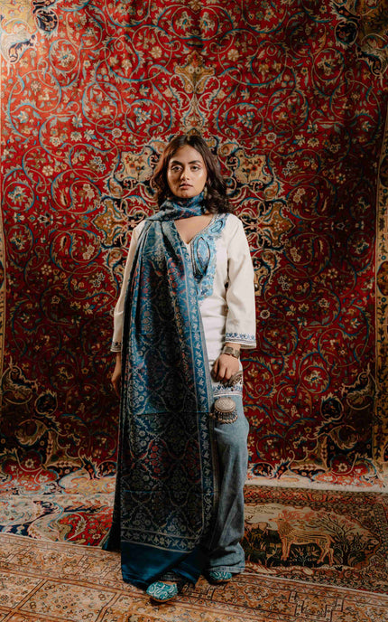 Kashmiri Kani Stole - Blue | Jama - ARTISANS KASHMIR