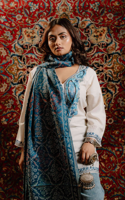 Kashmiri Kani Stole - Blue | Jama - ARTISANS KASHMIR