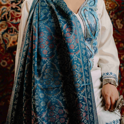 Kashmiri Kani Stole - Blue | Jama - ARTISANS KASHMIR