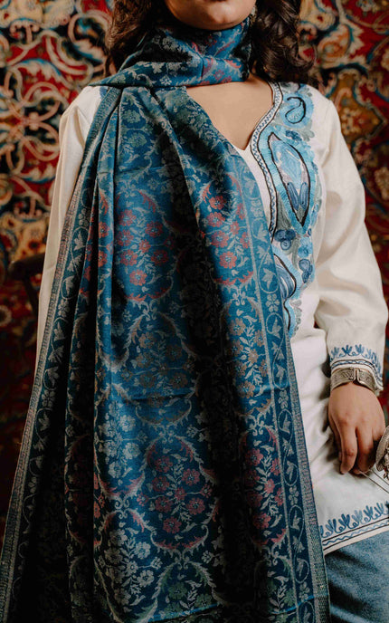 Kashmiri Kani Stole - Blue | Jama - ARTISANS KASHMIR