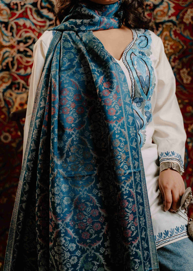 Kashmiri Kani Stole - Blue | Jama - ARTISANS KASHMIR