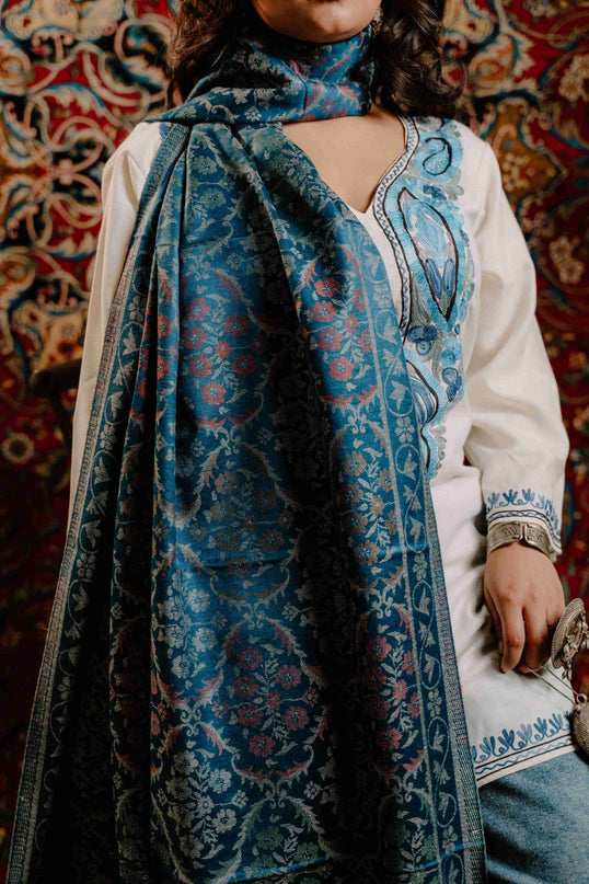 Kashmiri Kani Stole - Blue | Jama - ARTISANS KASHMIR