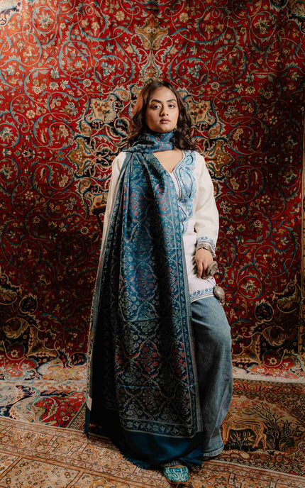 Kashmiri Kani Stole - Blue | Jama - ARTISANS KASHMIR