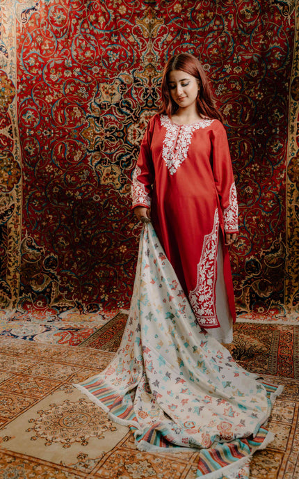 Kashmiri Kani Shawl - White | Chinar - ARTISANS KASHMIR