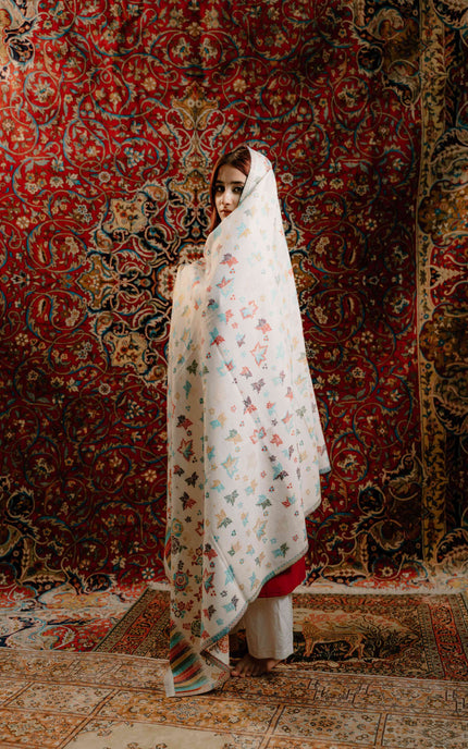 Kashmiri Kani Shawl - White | Chinar - ARTISANS KASHMIR