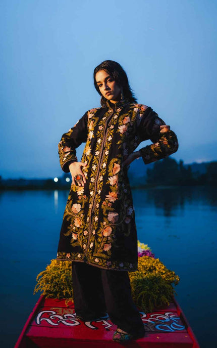 Kashmiri Aari Work Jacket - Black | Long - ARTISANS KASHMIR