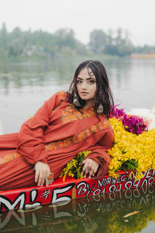 Kashmiri Aari Work Phiran - Maroon | Fringe - ARTISANS KASHMIR