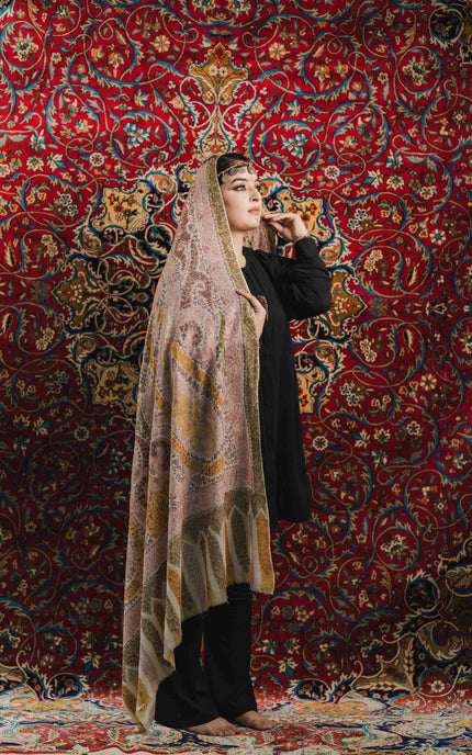 Kashmiri Kalamkari Sozni Work Shawl - White | Handmade - ARTISANS KASHMIR