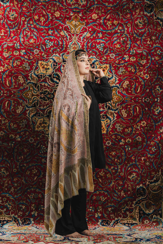 Kashmiri Kalamkari Sozni Work Shawl - White | Handmade - ARTISANS KASHMIR