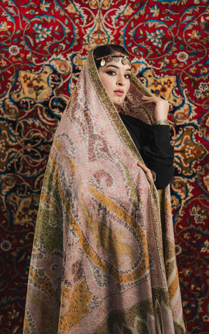 Kashmiri Kalamkari Sozni Work Shawl - White | Handmade - ARTISANS KASHMIR