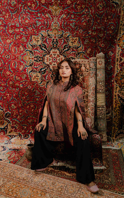 Kashmiri Kani Work Cape Coat - Pink - ARTISANS KASHMIR