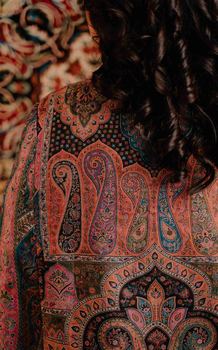 Kashmiri Kani Work Cape Coat - Pink - ARTISANS KASHMIR