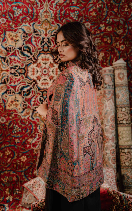 Kashmiri Kani Work Cape Coat - Pink - ARTISANS KASHMIR