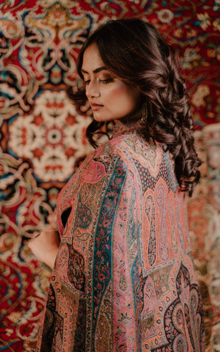 Kashmiri Kani Work Cape Coat - Pink - ARTISANS KASHMIR