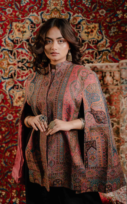 Kashmiri Kani Work Cape Coat - Pink - ARTISANS KASHMIR