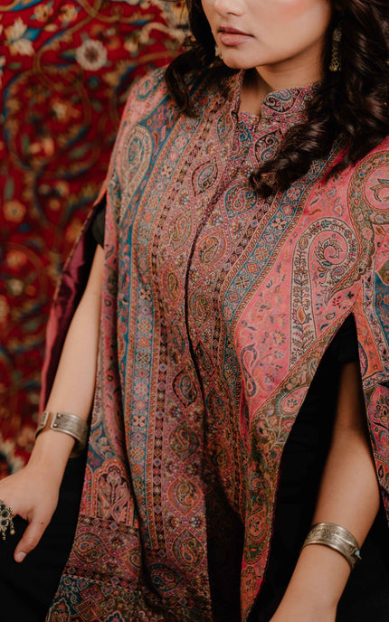 Kashmiri Kani Work Cape Coat - Pink - ARTISANS KASHMIR