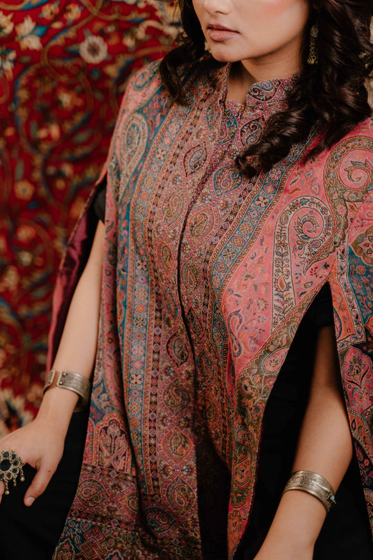 Kashmiri Kani Work Cape Coat - Pink - ARTISANS KASHMIR