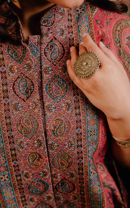 Kashmiri Kani Work Cape Coat - Pink - ARTISANS KASHMIR