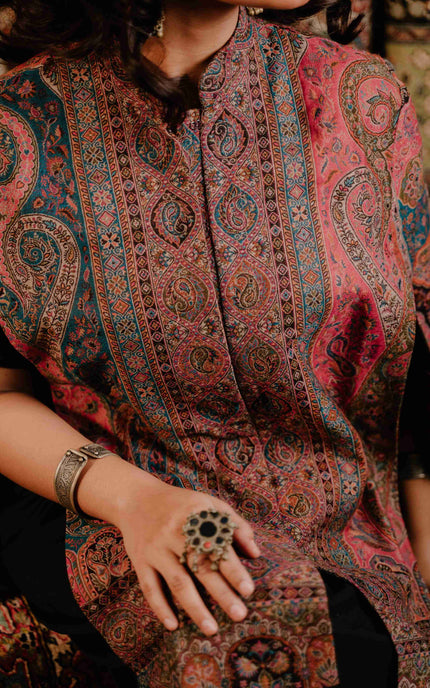 Kashmiri Kani Work Cape Coat - Pink - ARTISANS KASHMIR