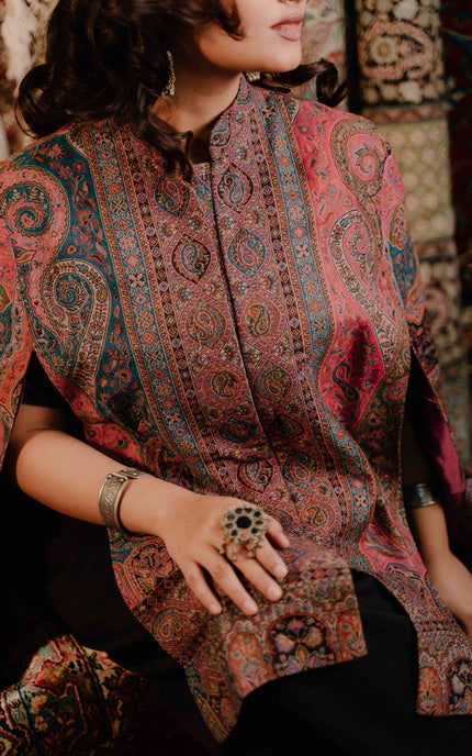 Kashmiri Kani Work Cape Coat - Pink - ARTISANS KASHMIR