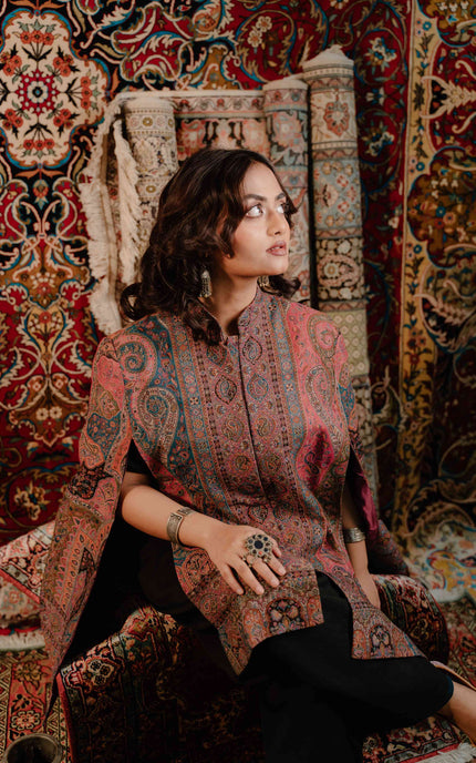 Kashmiri Kani Work Cape Coat - Pink - ARTISANS KASHMIR