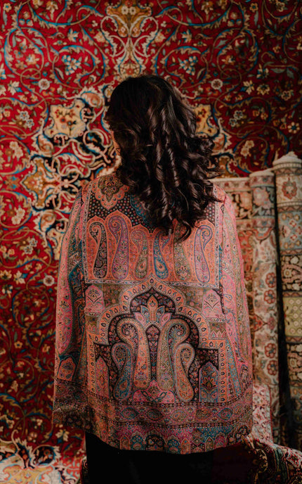 Kashmiri Kani Work Cape Coat - Pink - ARTISANS KASHMIR